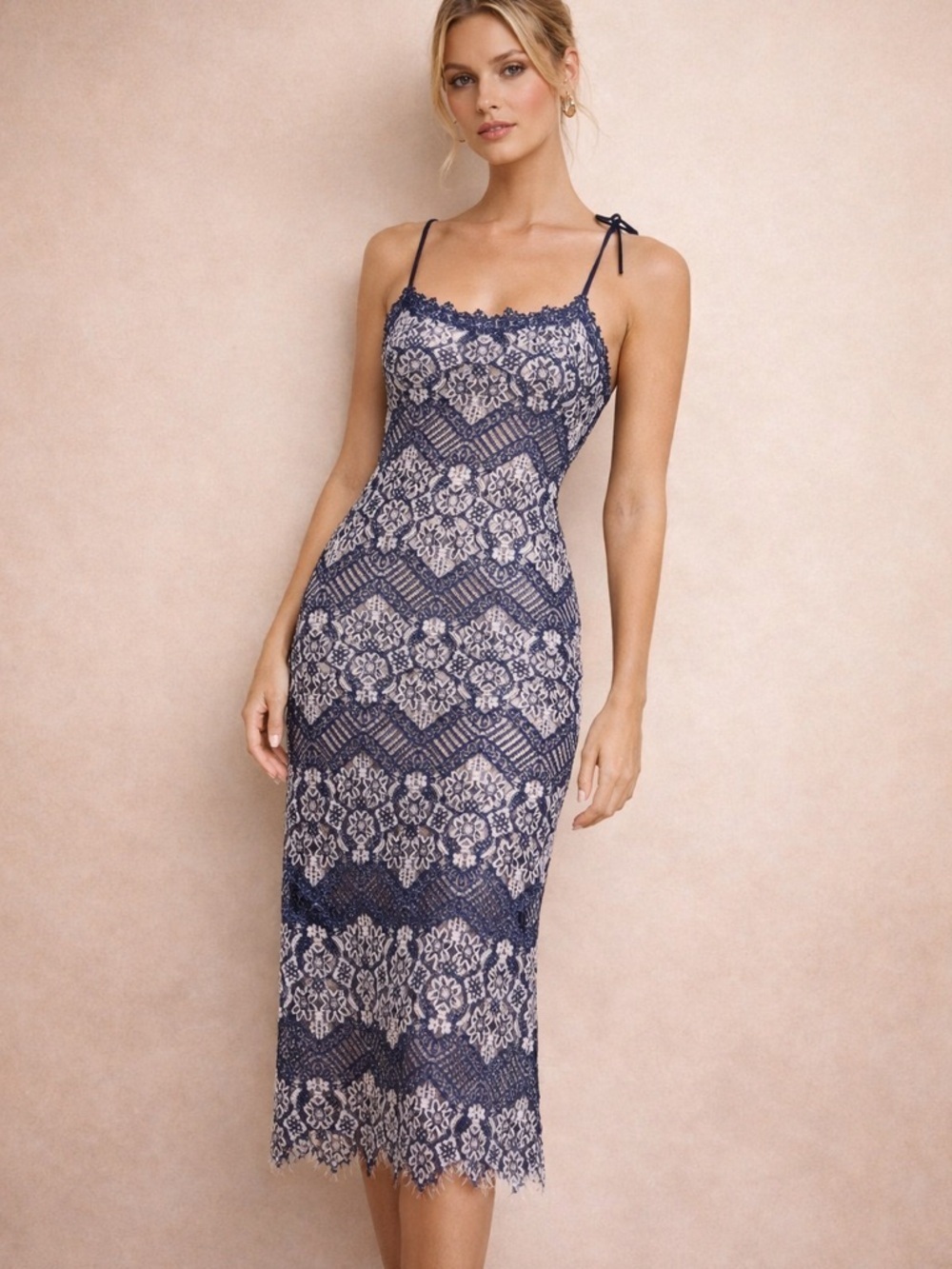 Foxiedox Blue Lace Midi Dress Sleeveless Floral Lace M
